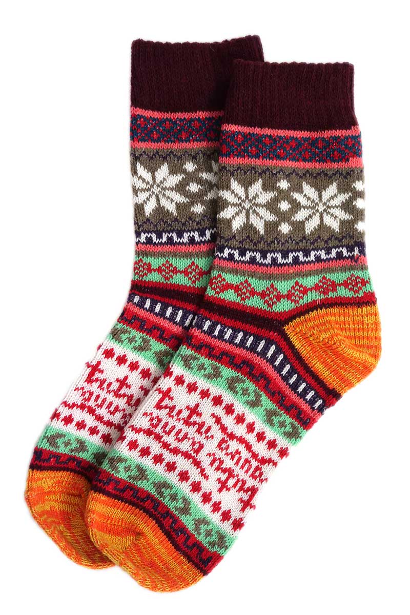 Nordic Style Flake Socks in Burgundy Wool Blend