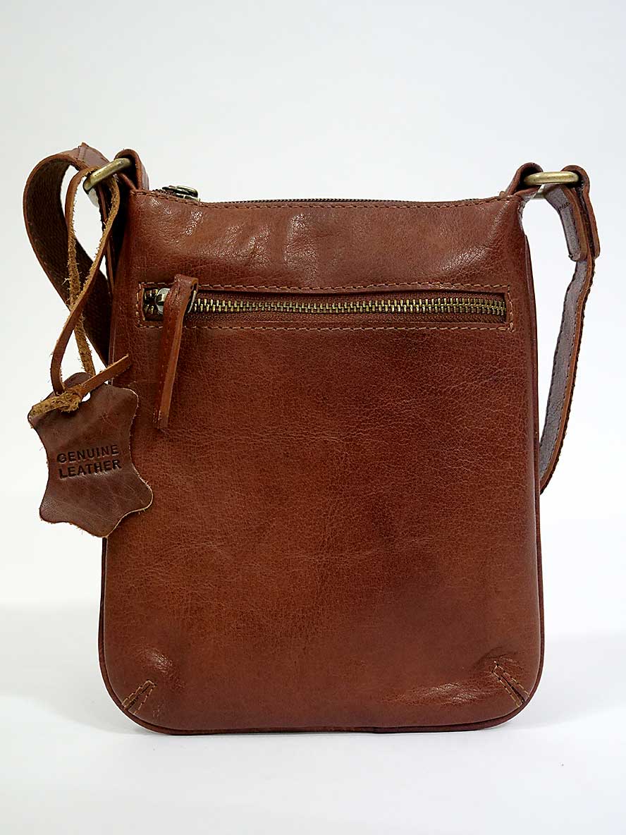 back of Oran Leather Cross Over Bag - Kimberly in Brandy