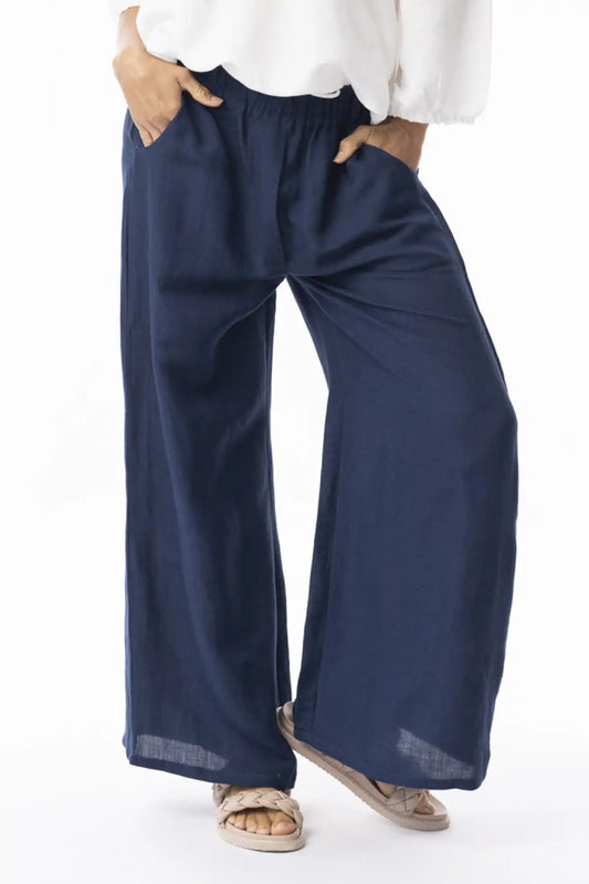 Orientique Escape Linen Wide Leg Navy Pants  worn by a person on a white background