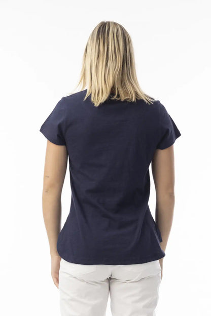 Person wearing a Orientique Essentials Organic Cotton Crew Tee in Navy from side on against a white background