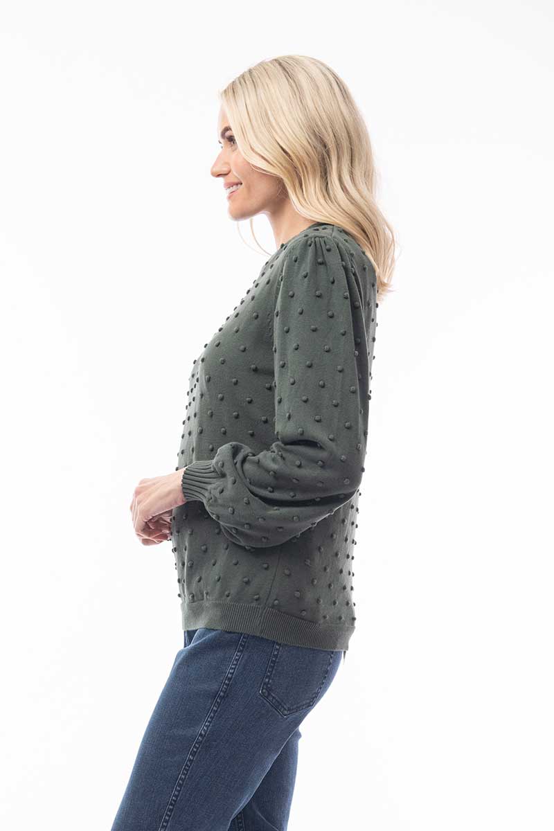 side view of the Orientique Knit Bubble Jumper in Sage Leaf