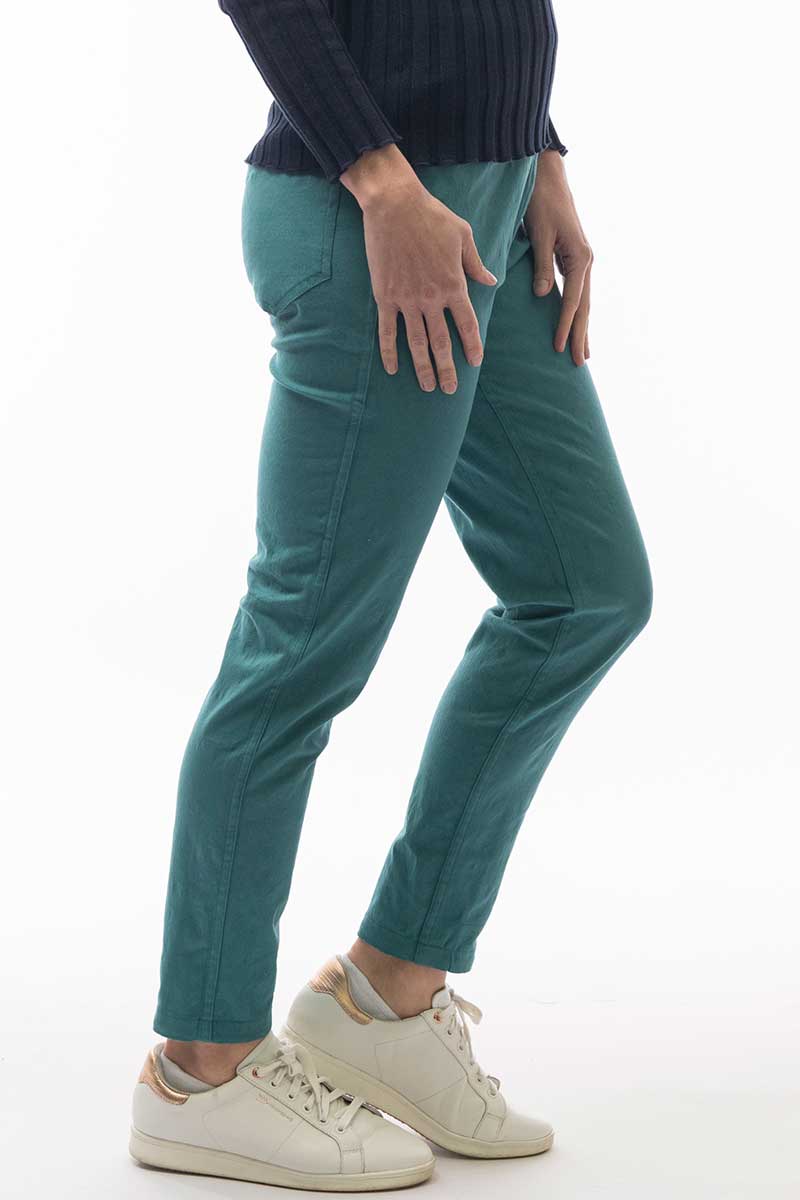 side view of block colour option on the Orientique Pants Reversible in Teal