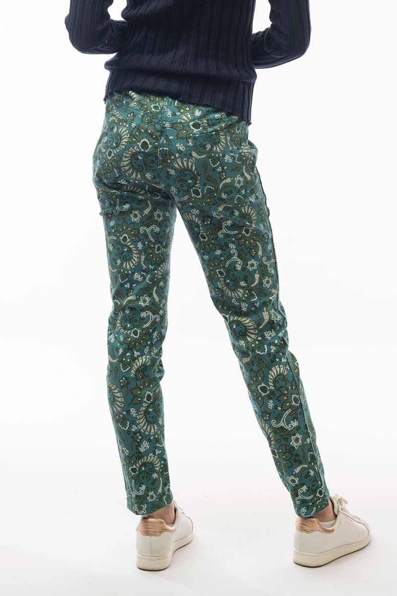 back view of the patterned option on the Orientique Pants Reversible in Teal 