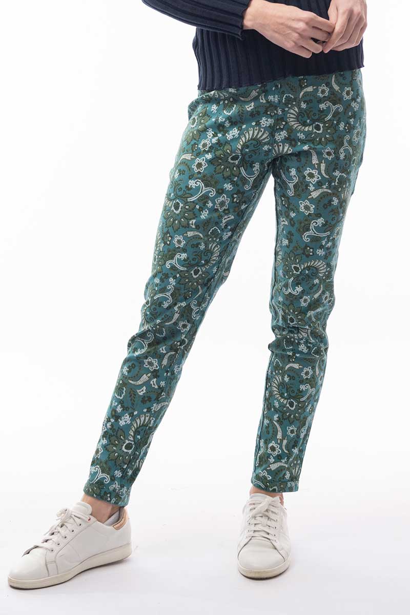 front patterned view of Orientique Pants Reversible in Teal
