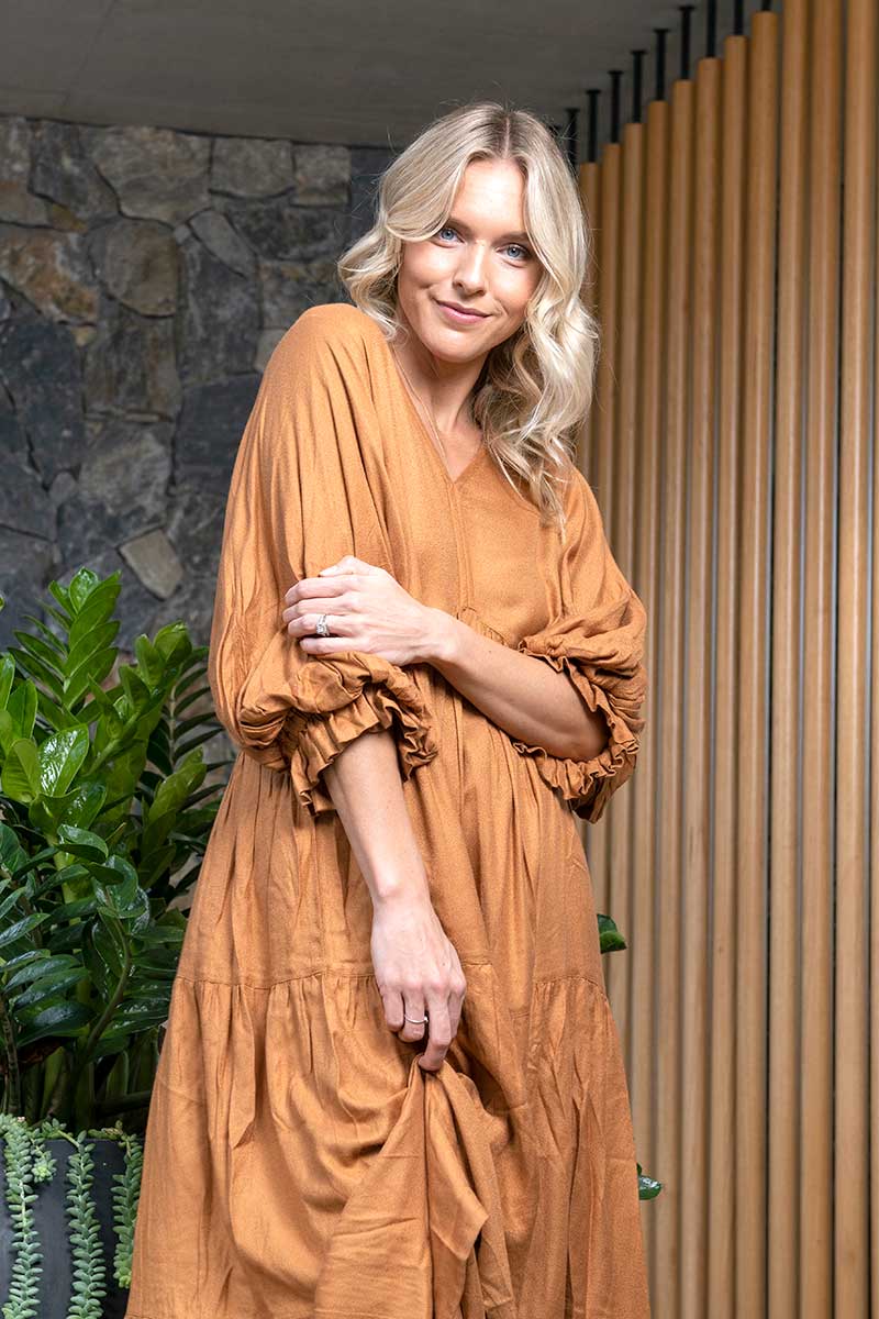 Orientique Solid Moss Maxi Dress in Umber