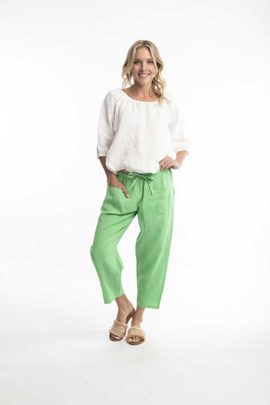 Escape by OQ Solid Pure Linen Pant in Fresh Grass - FRONT VIEW
