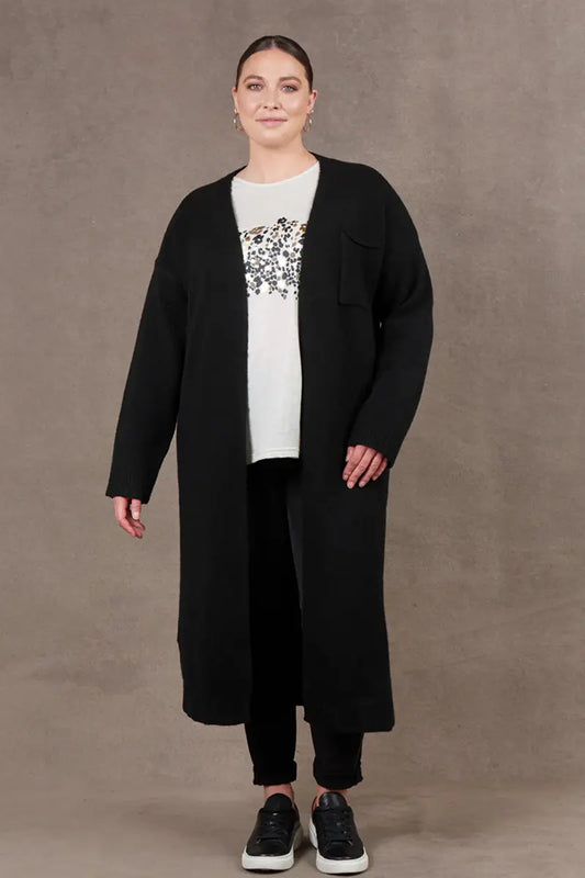 front view of the Paarl Longline Cardigan in Ebony by Eb & Ive open without waist tie