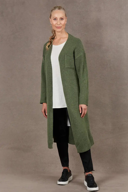 front view with no waist tie on the Paarl Longline Cardigan in Moss by Eb & Ive