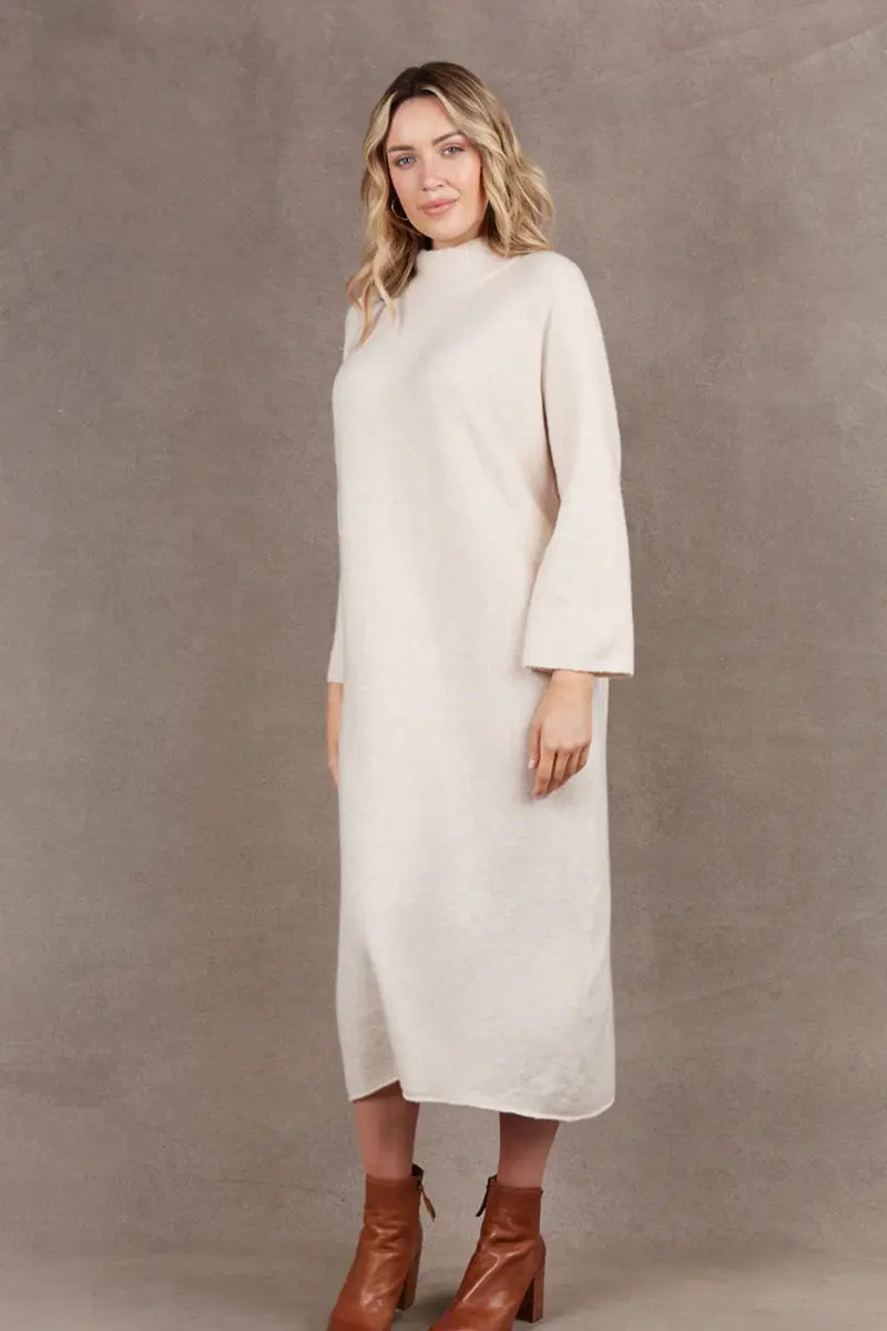 Paarl Tie Knit Dress in Oat by Eb & Ive front view without the waist tie