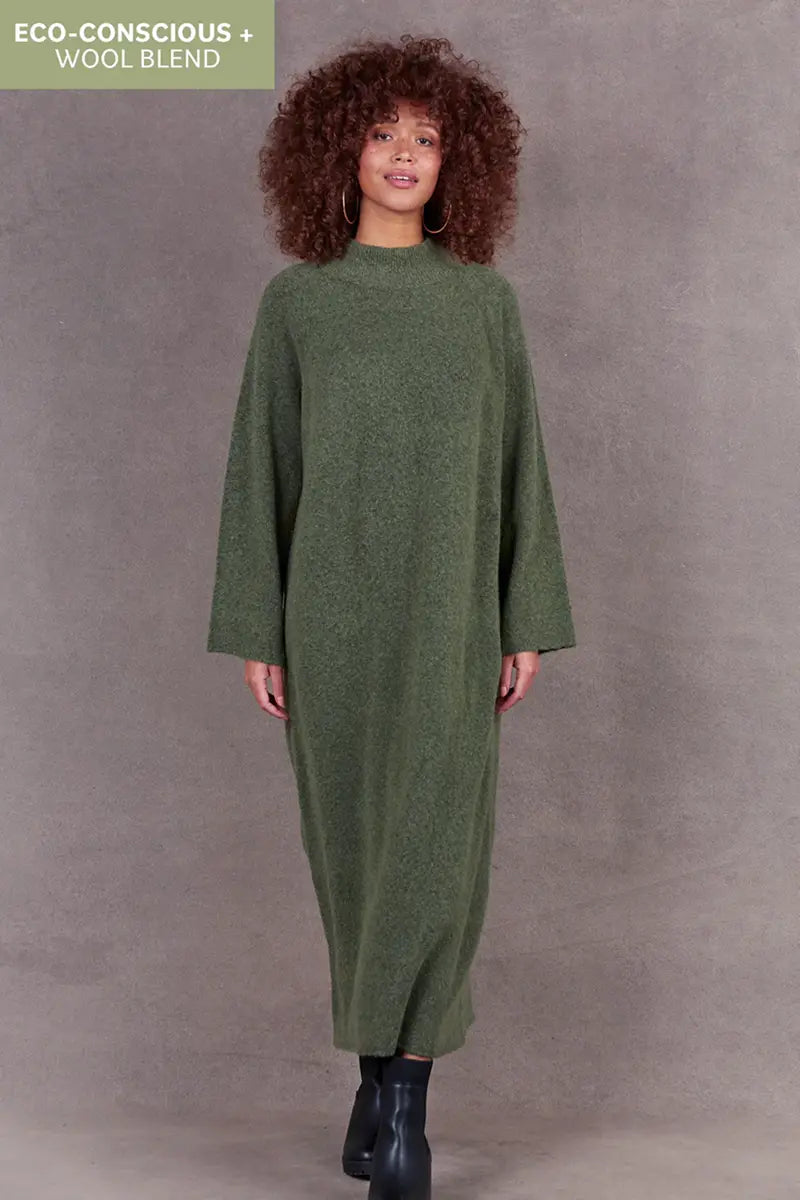 front view of the Paarl Tie Knit Dress in Moss by Eb & Ive without waist tie