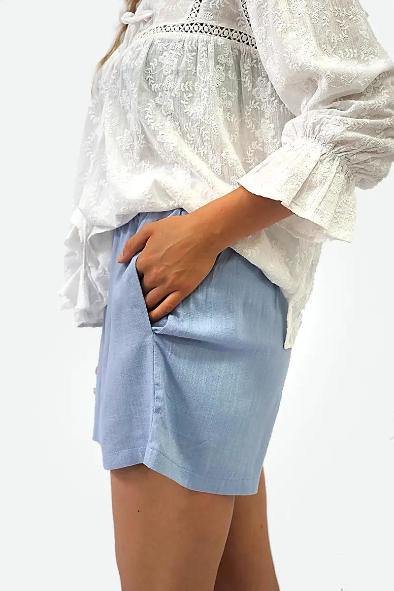 side view of the Pull on Linen Shorts in Powder Blue