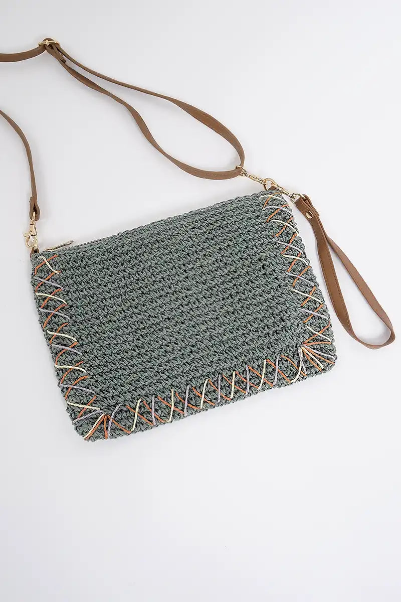Rebecca Woven Handbag in Ocean side view front side with feature stitching