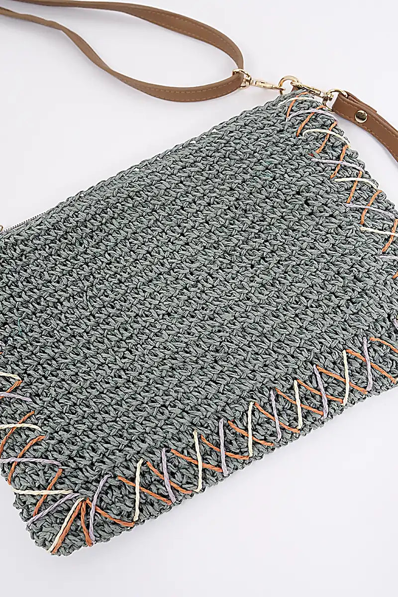 Rebecca Woven Handbag in Ocean side view front side with feature stitching in detail