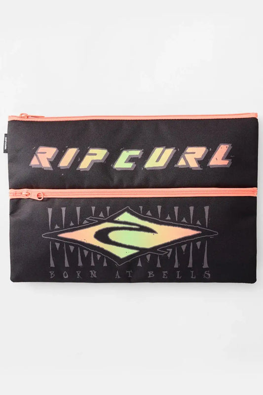 Black pencil case with bright orange zipper and Rip Curl Graphic Logo on the cover