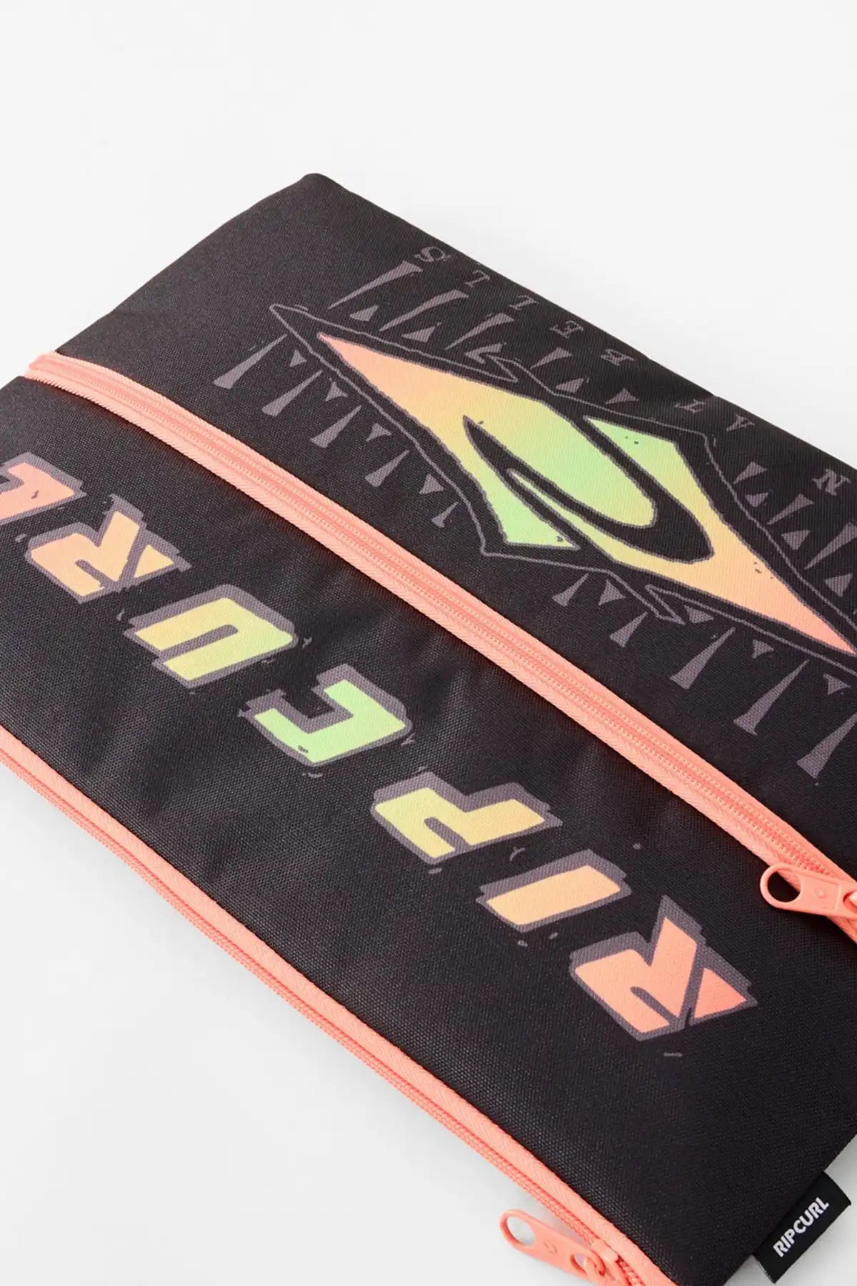 Black pencil case with bright orange zipper and Rip Curl Graphic Logo on the cover side view