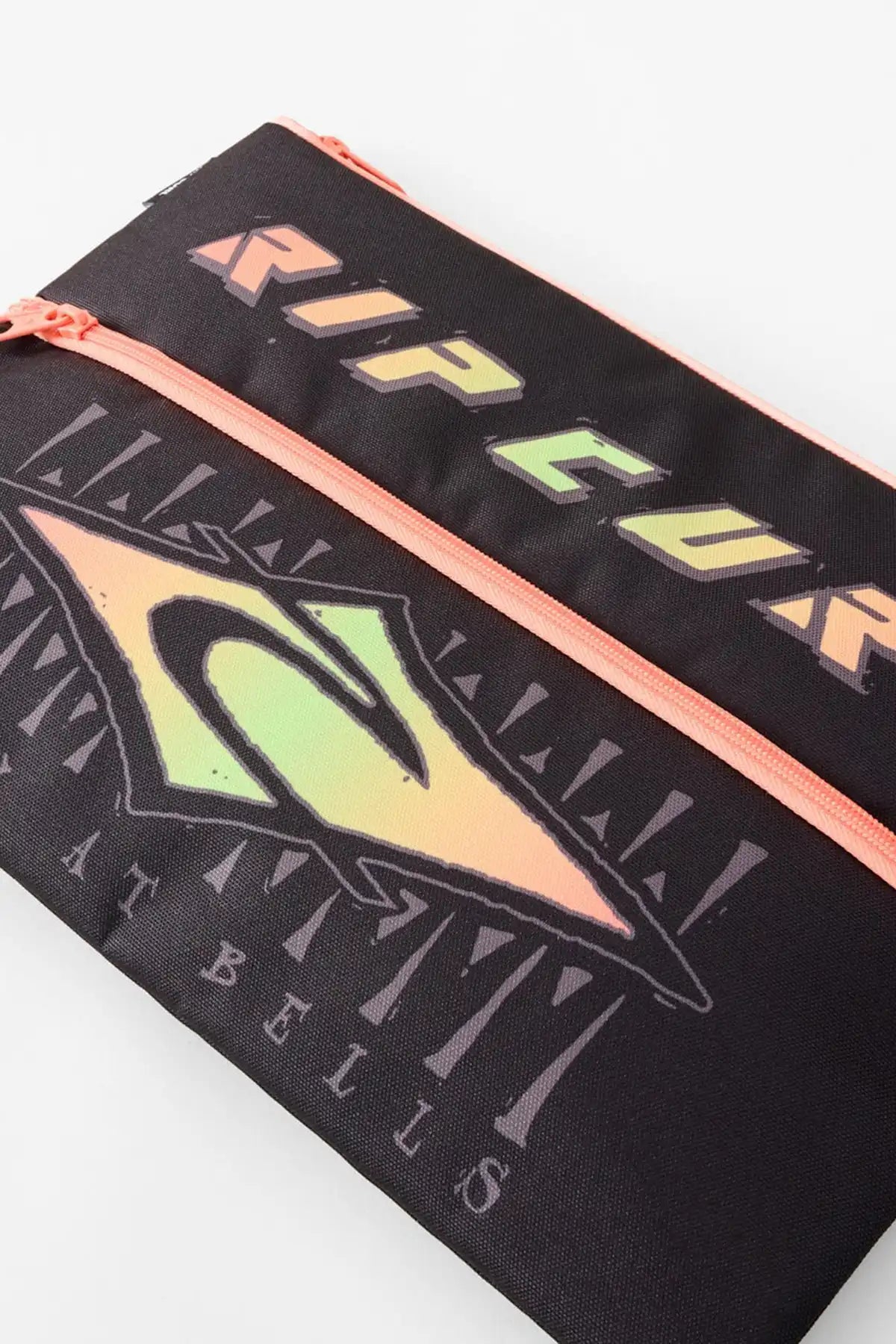 Black pencil case with bright orange zipper and Rip Curl Graphic Logo on the cover