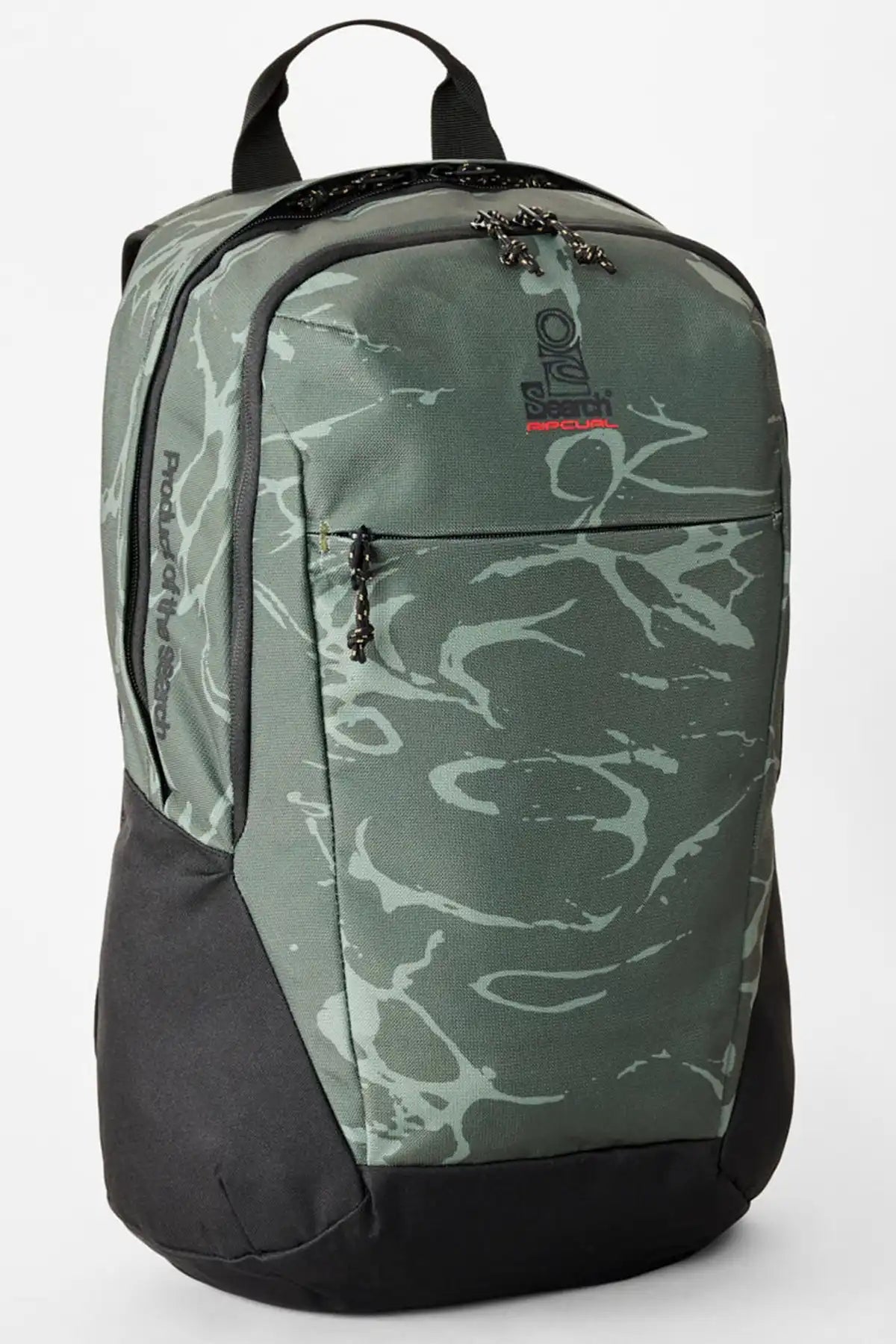 Green Rip Curl camouflage backpack with black accents on a white background