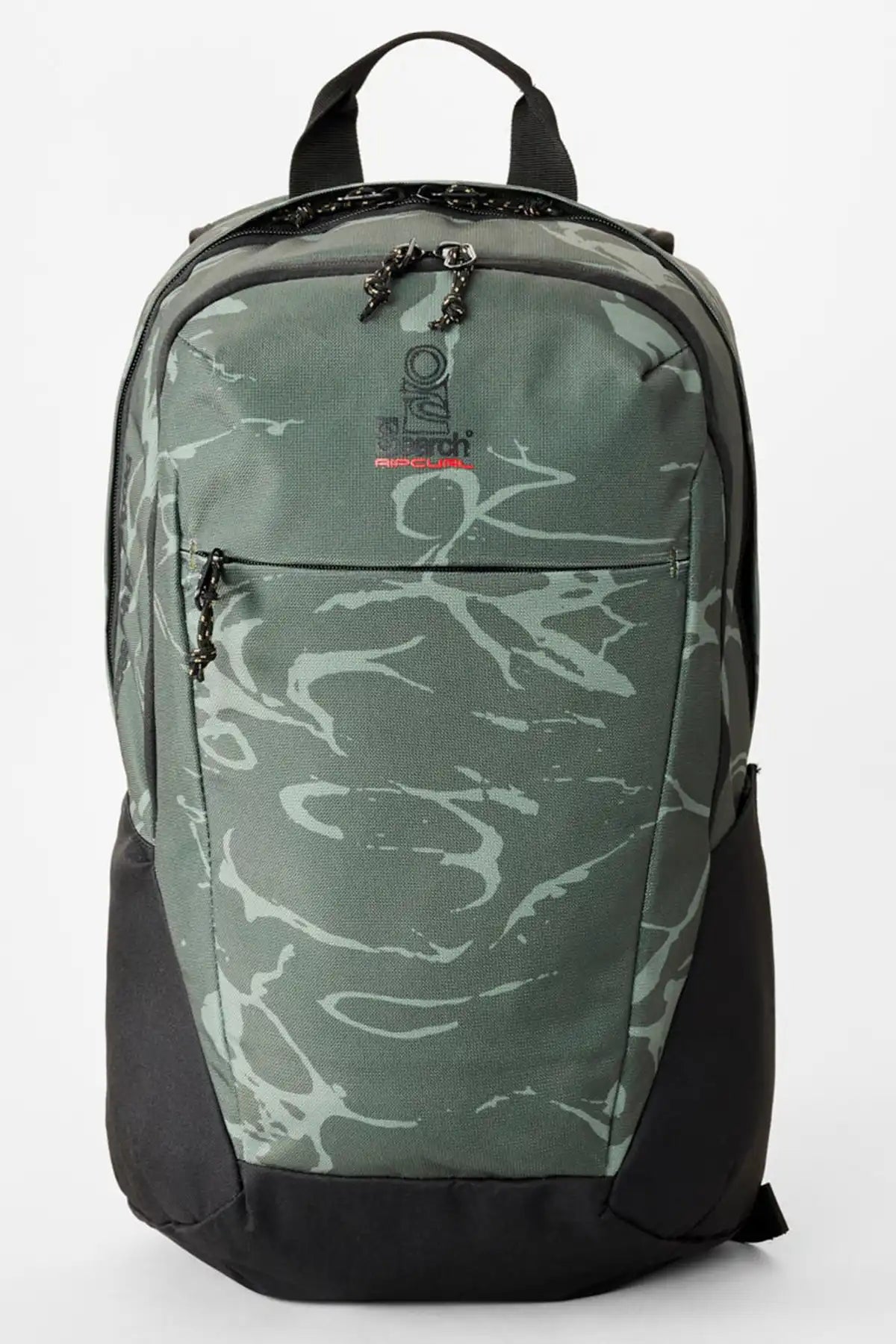 Rip Curl Green camouflage backpack with black accents on a white background