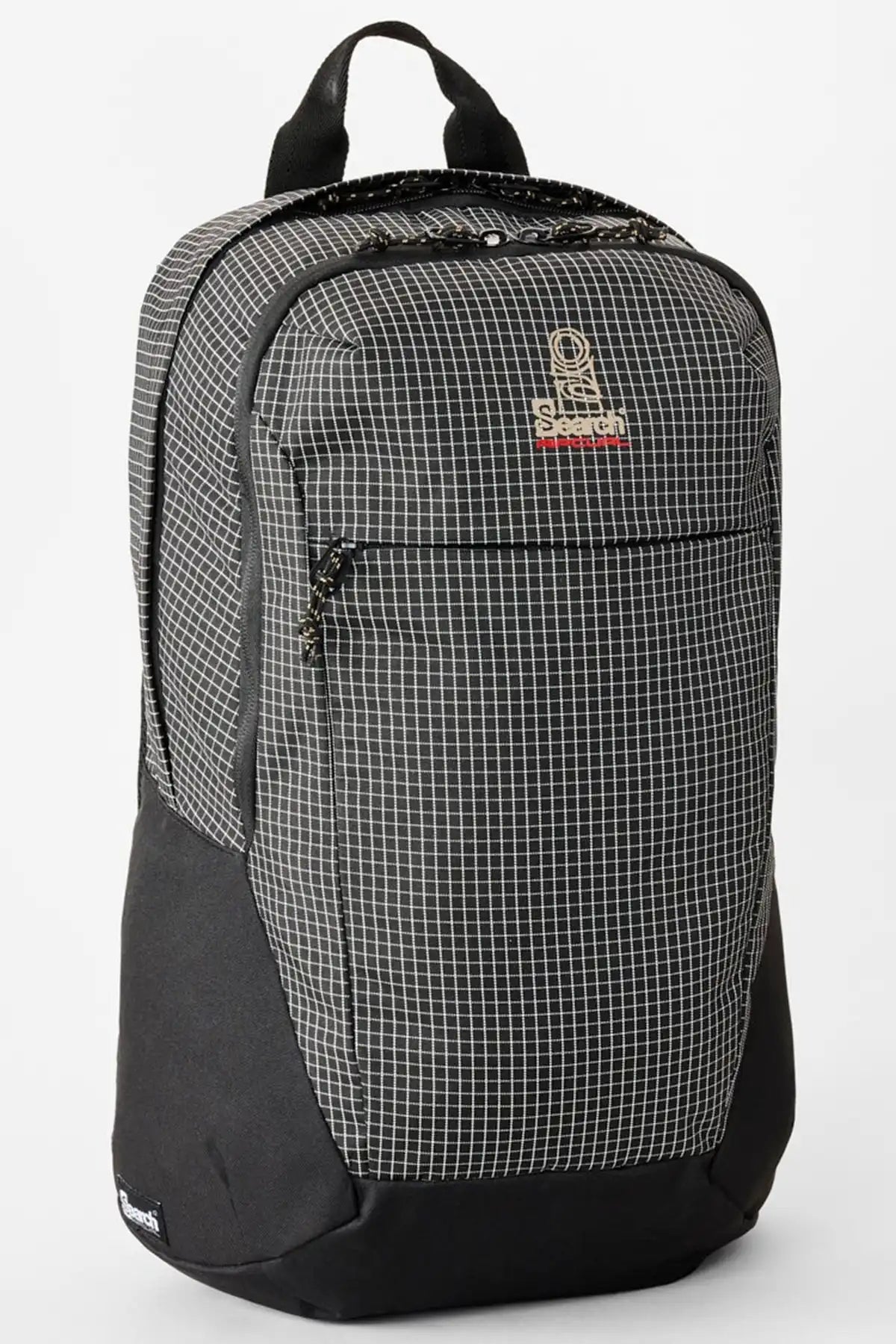 Black and white checkered backpack with a visible Rip Curl brand logo on a white background