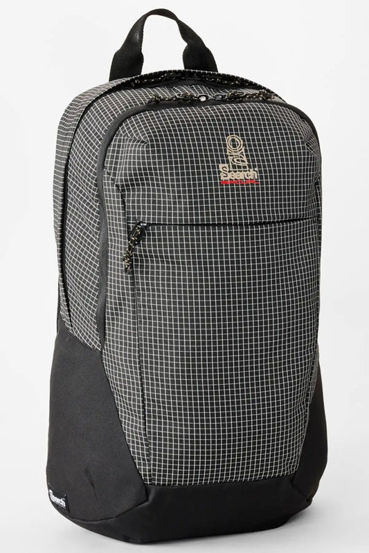 Black and white checkered backpack with a visible Rip Curl brand logo on a white background