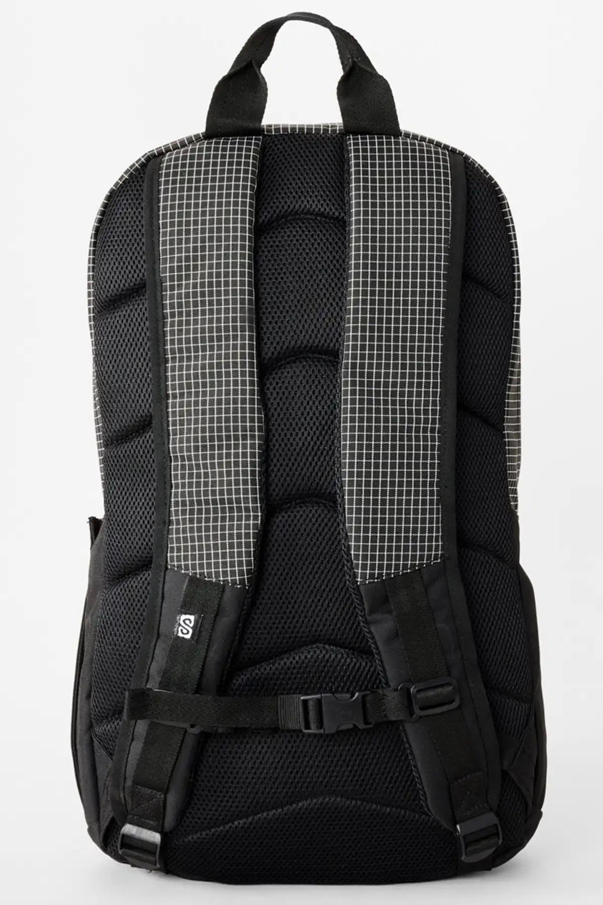  Rip Curl Black backpack with a grid pattern on the back straps on a white background