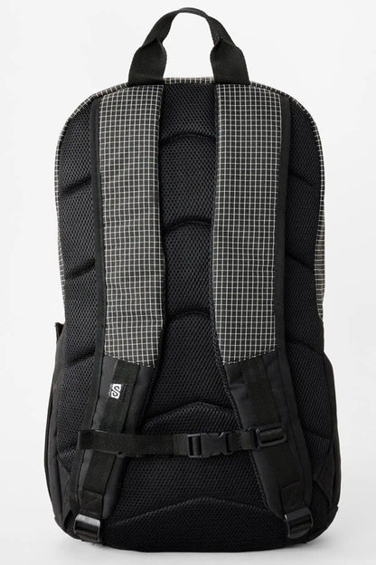  Rip Curl Black backpack with a grid pattern on the back straps on a white background