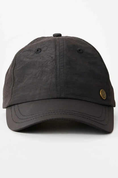 Black baseball cap with a gold Rip Curl  logo on a white background