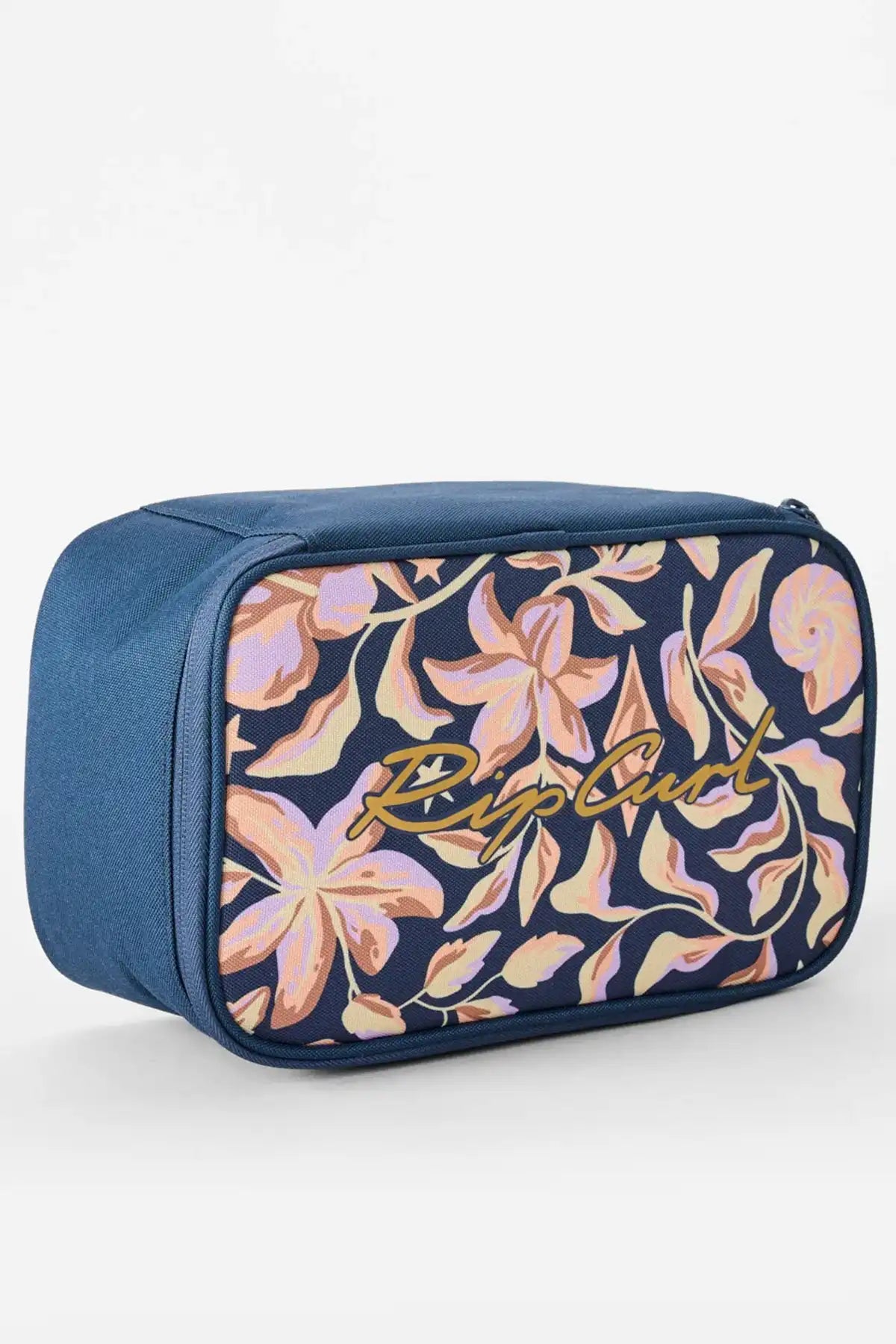 Blue lunch bag with floral pattern and ' Rip Curl' branding on a white background
