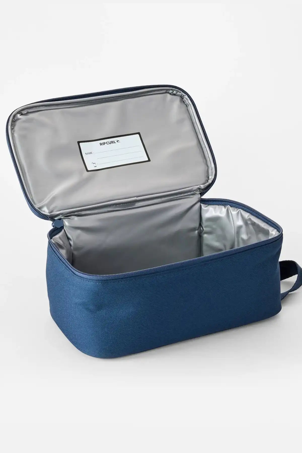 Blue lunch bag with open lid on a white background