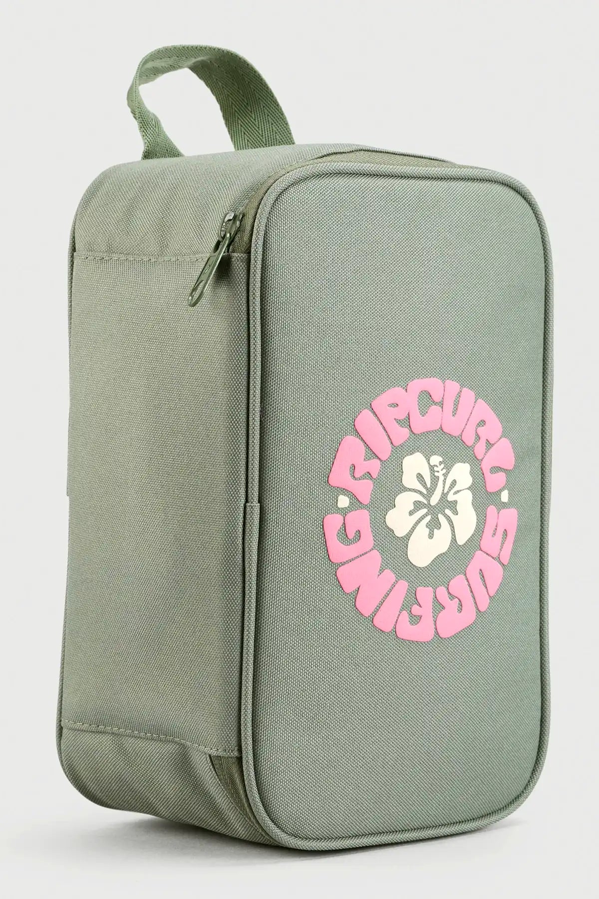 Rip Curl Sea Spray Green lunch box with a pink and white logo on a light gray background