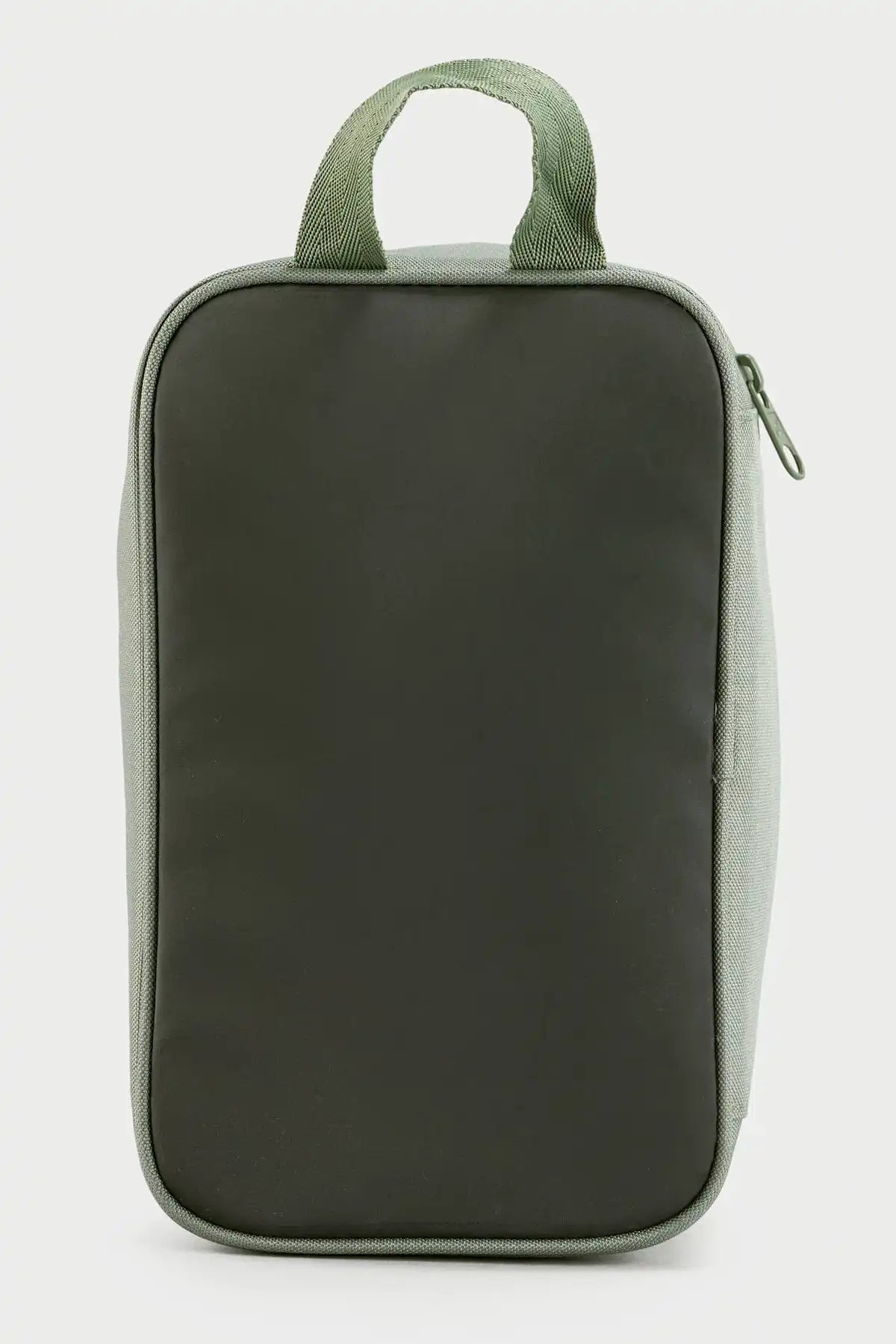 Green rectangular lunch box with a handle on a white background