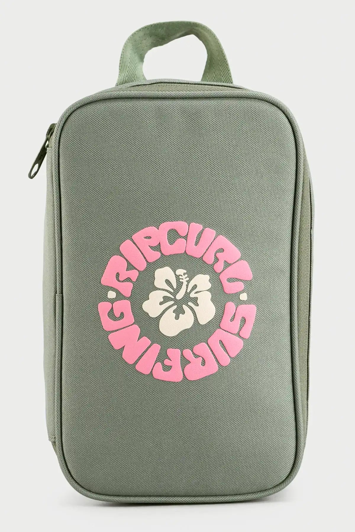 Rip Curl Sea Spray Green lunch box with pink and white logo on a white background