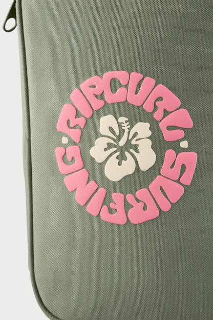 Rip Curl Sea Spray Green lunch box with pink 'Rip Curl Surfing' logo on a white background