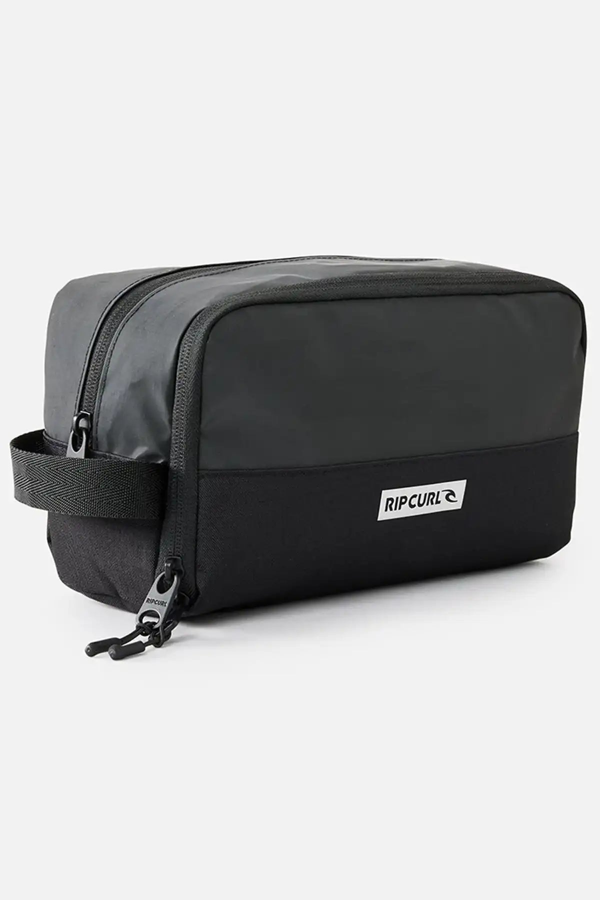 Black toiletry bag with Rip Curl logo on a white background