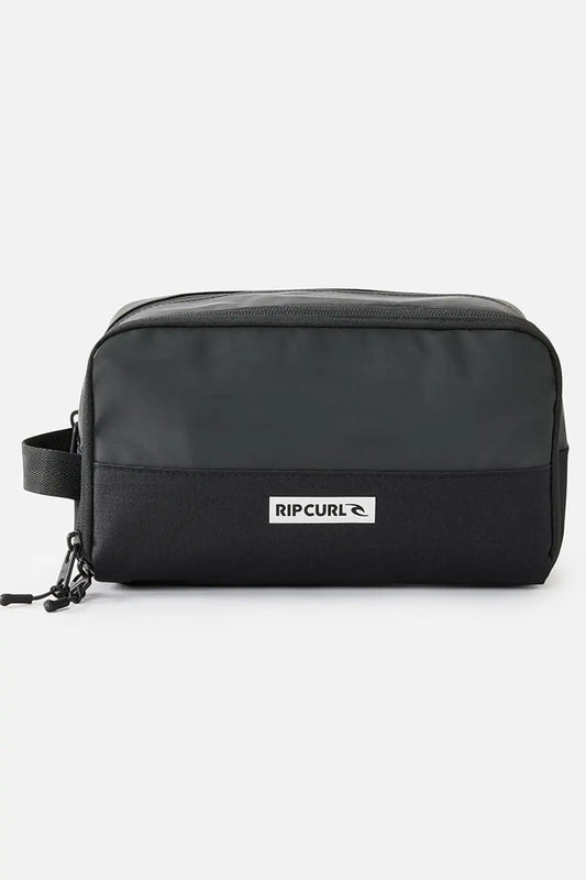 Black toiletry bag with Rip Curl logo on a white background