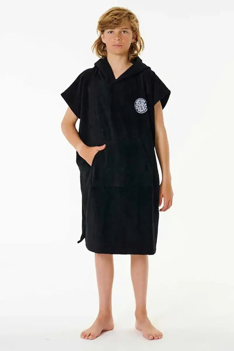Rip Curl Kids Logo Hooded Towel in Black front view showing kangaroo pouch