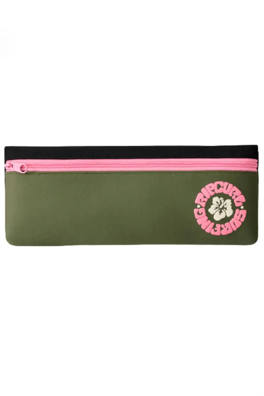 Green pouch with pink zipper and logo on a white background