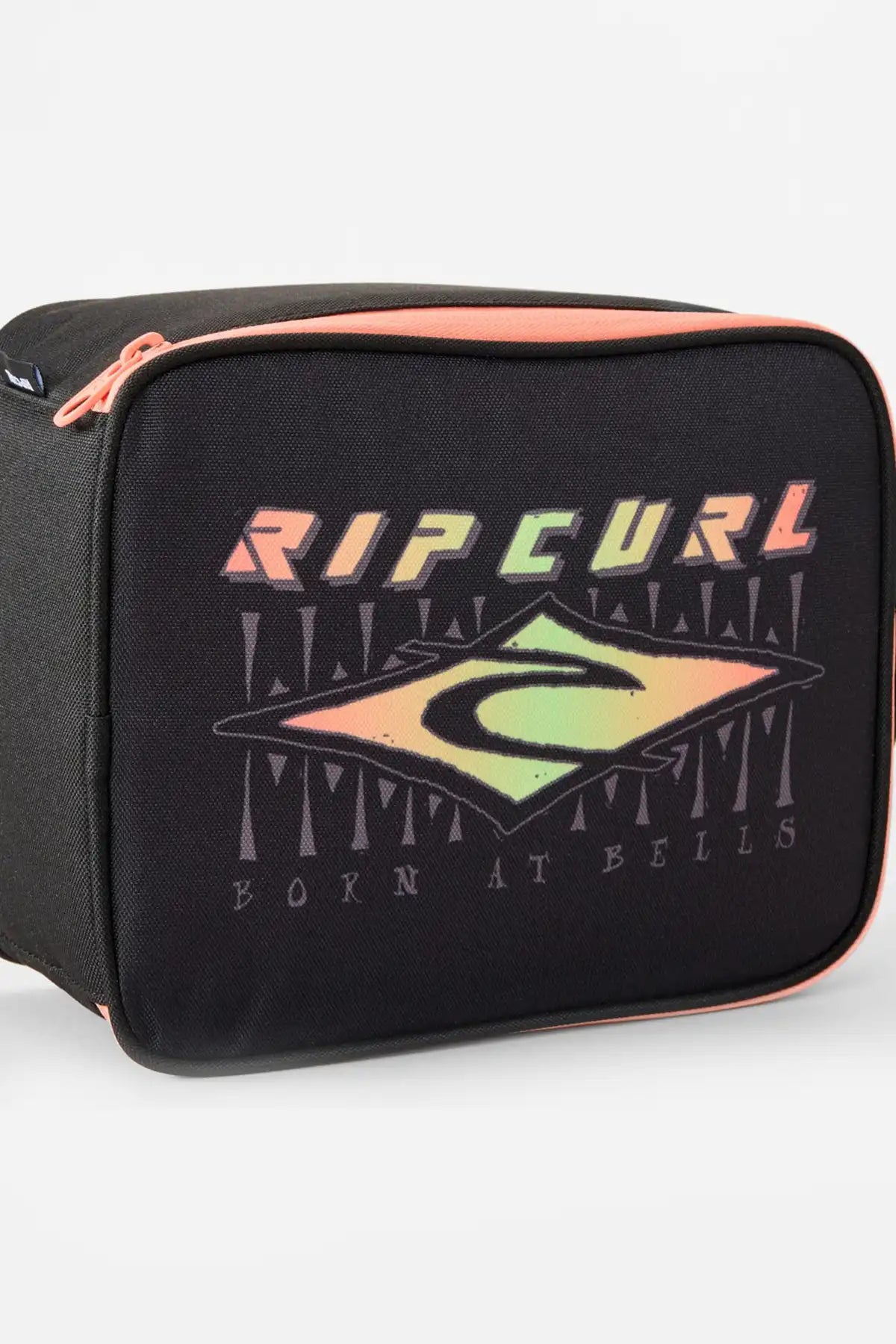 Black Rip Curl lunch bag with colorful logo on a white background