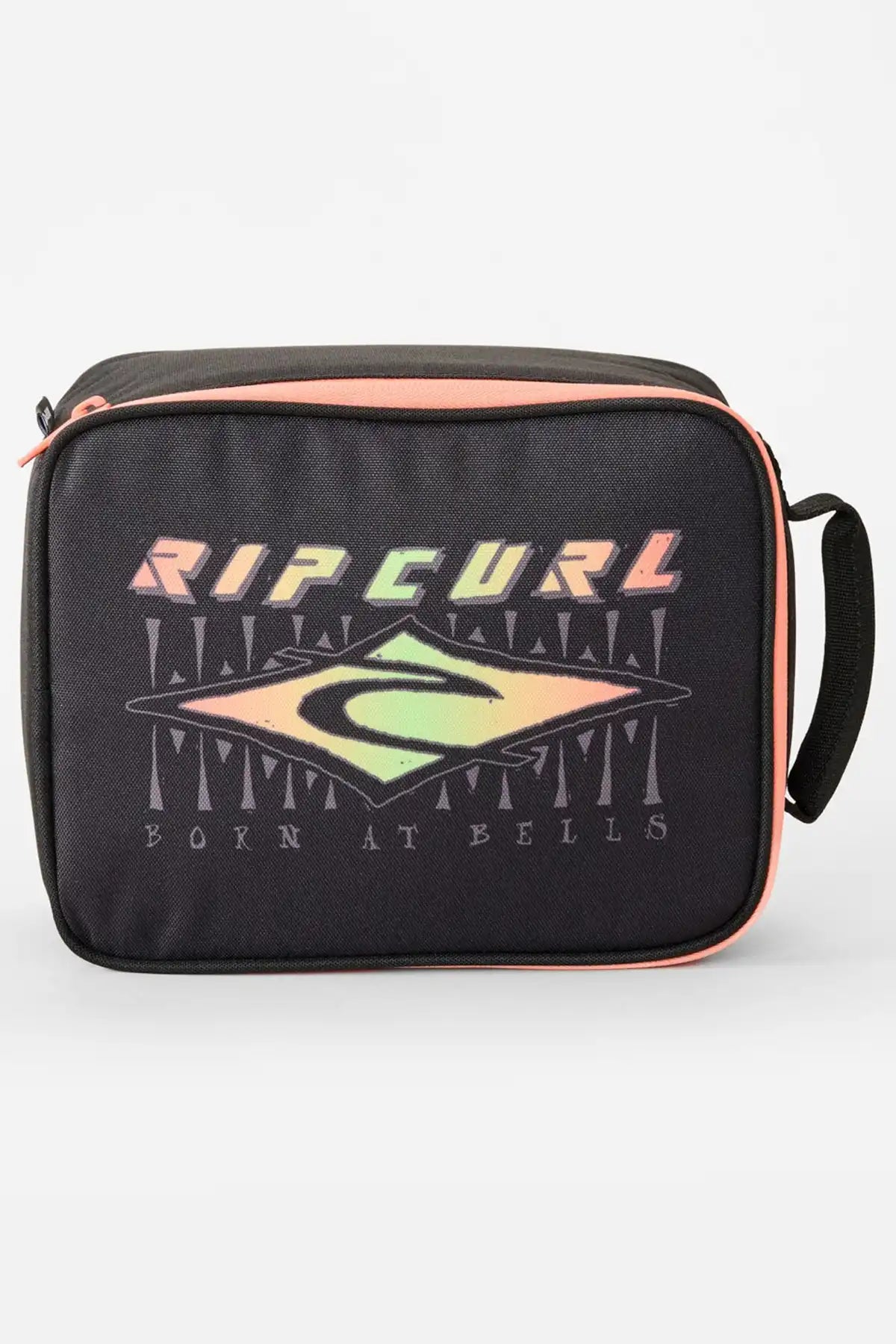 Black Rip Curl lunch bag with colorful logo on a white background