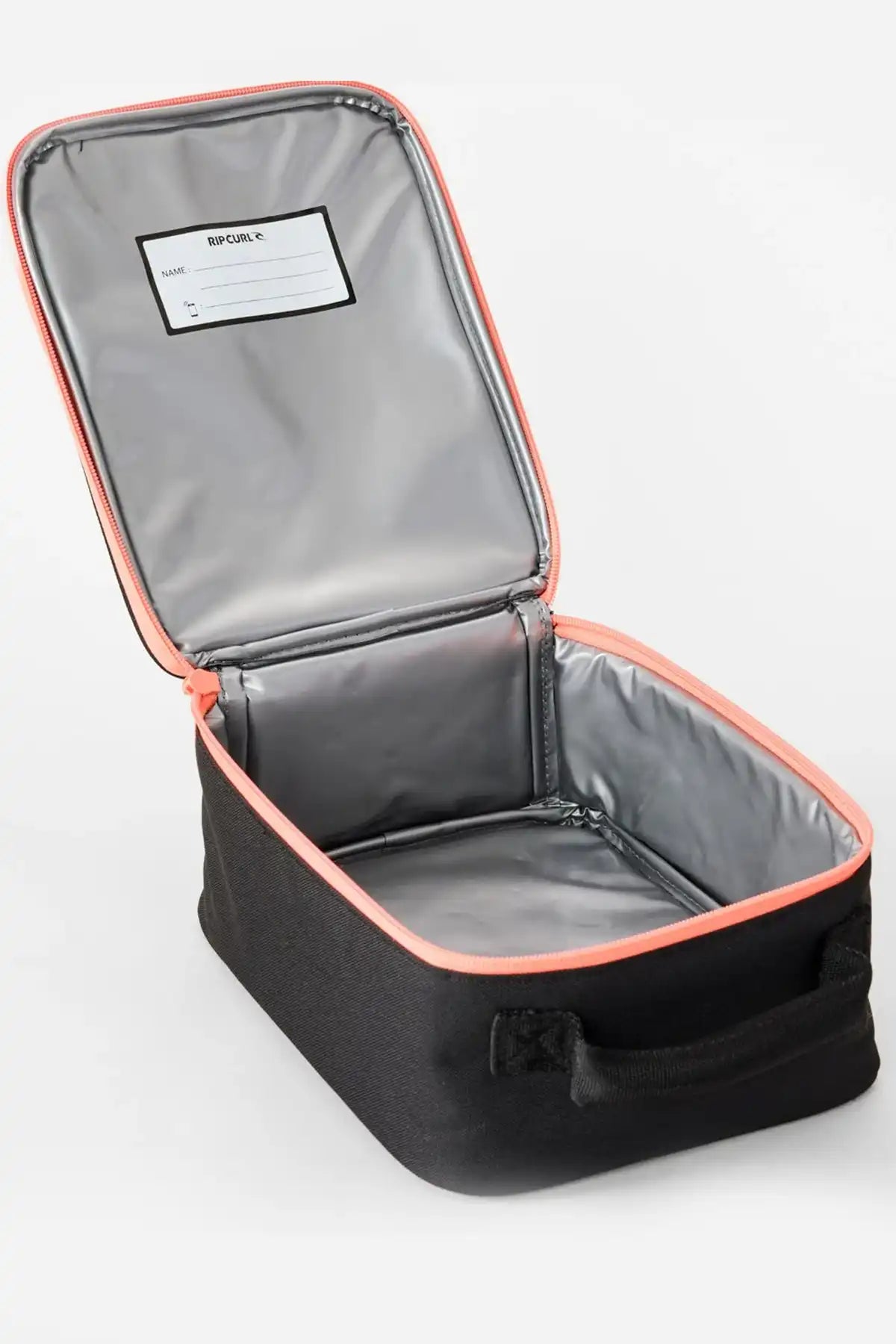 Black lunchl bag with grey interior and orange trim on a white background