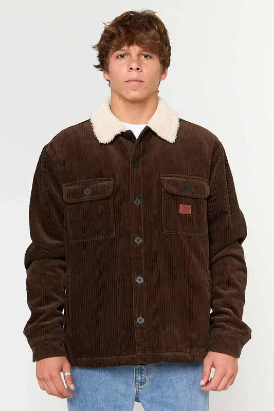 Man wearing Rip Curl Men's Bells Sherpa Jacket in Coffee corduroy jacket with a white collar on a white background front detailed view