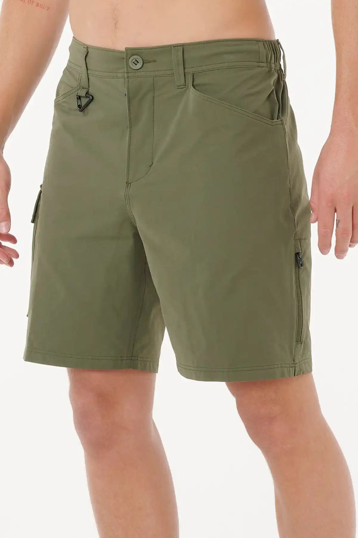 Deep Cactus Green Rip Curl shorts worn by a person on a white background