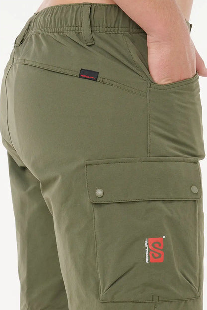 Deep Cactus Green cargo shorts with a  Rip Curl brand logo on a plain background