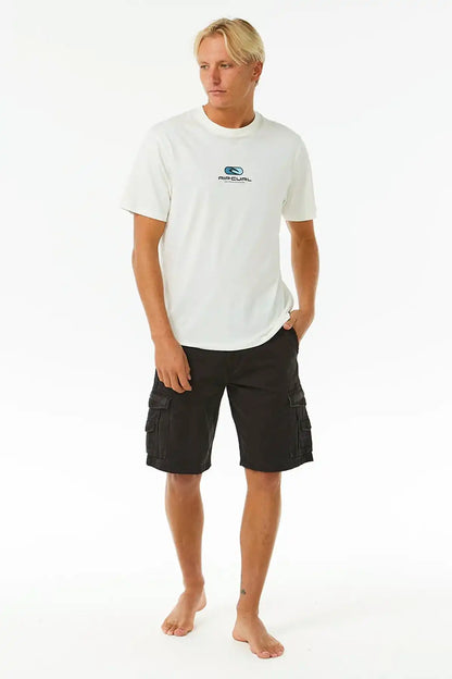 Man wearing a white t-shirt with a logo and Rip Curl Washed Black cargo shorts on a white background