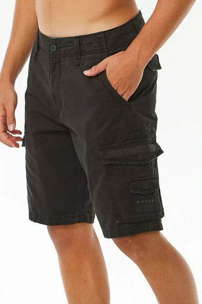Washed Black cargo shorts worn by a person on a white background