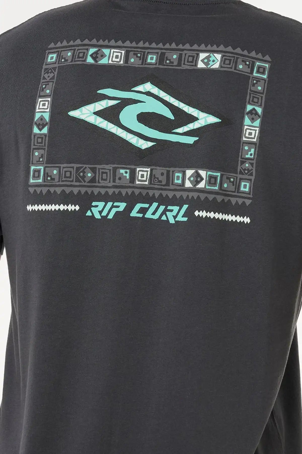 Wahsed Black Rip Curl t-shirt with geometric pattern and logo on the back