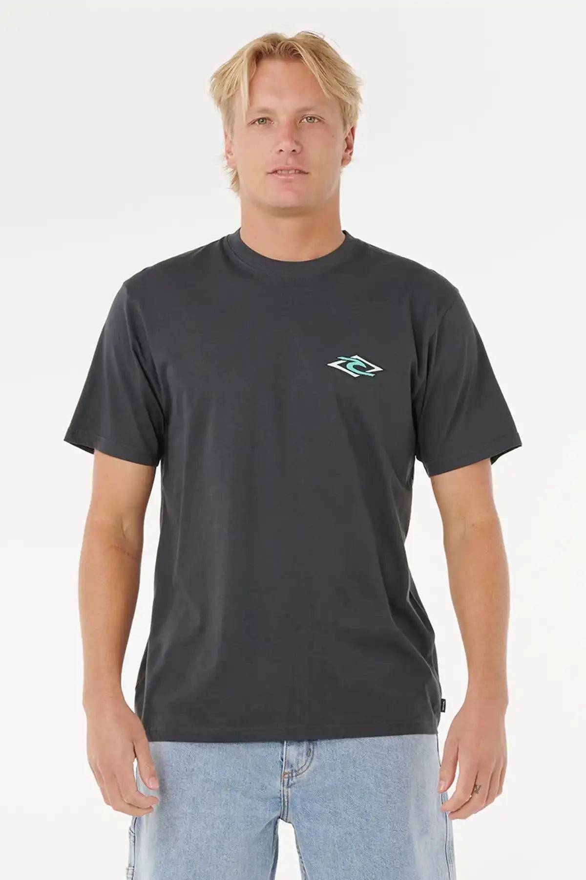 Man wearing a black Rip Curl t-shirt with a logo on a white background