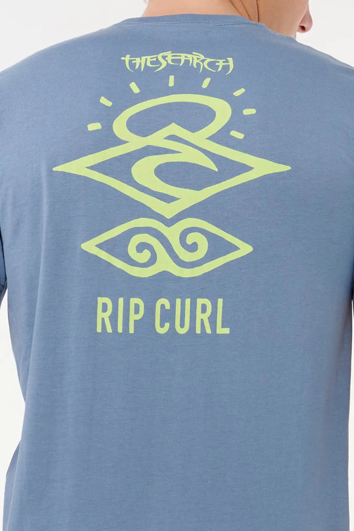Rip Curl Mens Search Icon Tee in Blue Fin with green graphic design on the back, featuring 'Rip Curl' branding.
