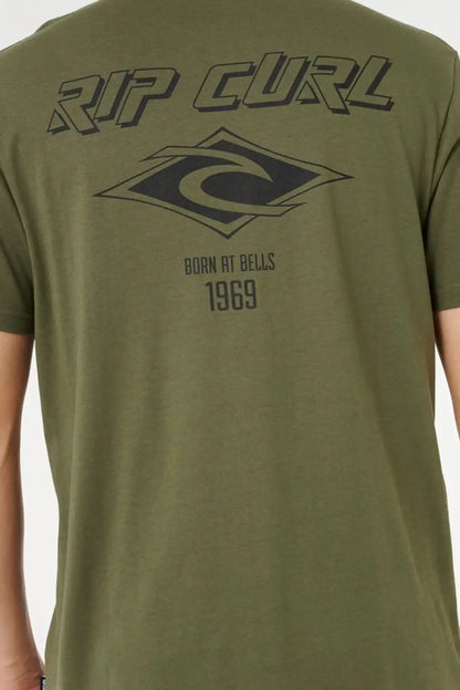 Green t-shirt with Rip Curl logo and text on a plain background
