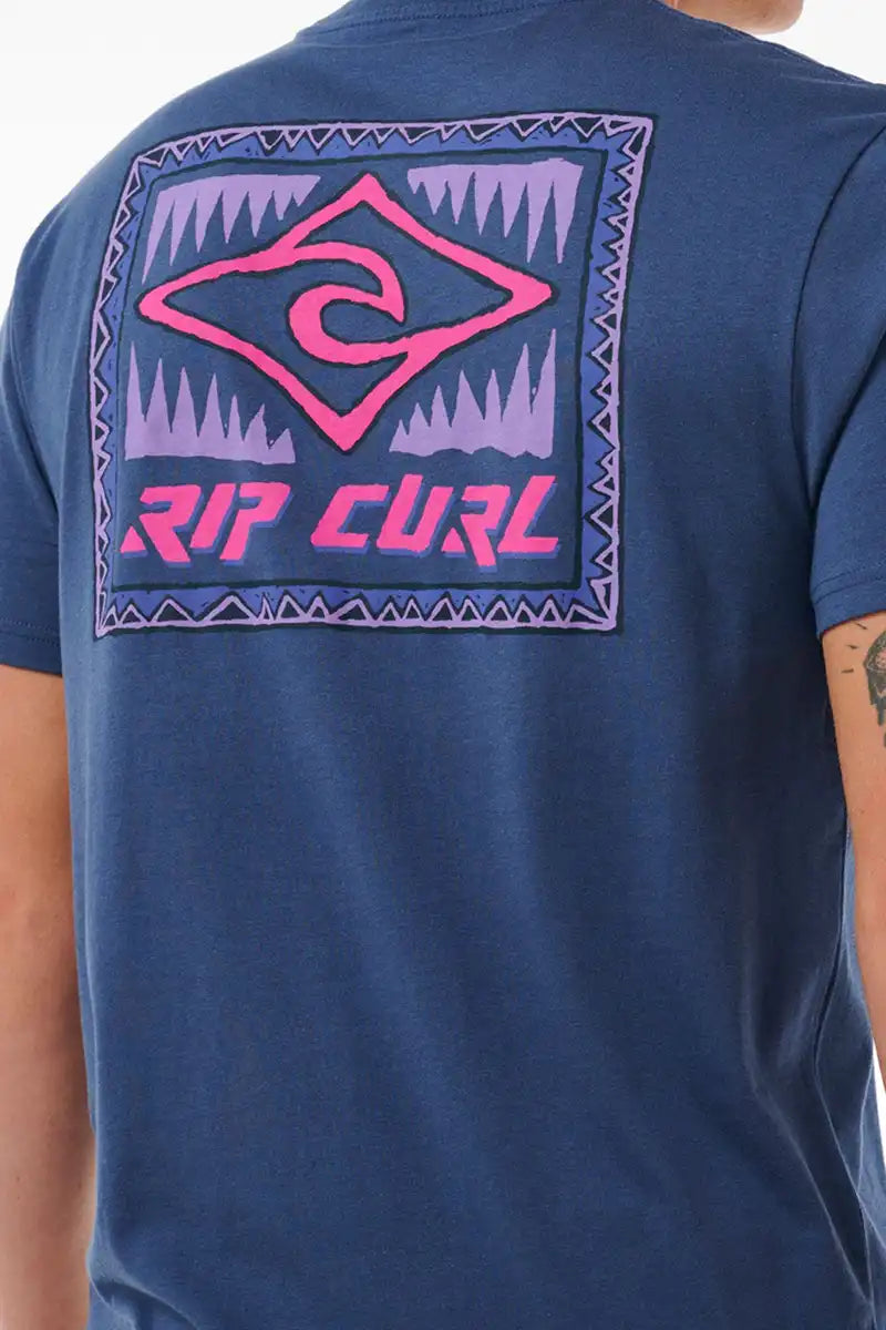 detailed back print view of the Rip Curl Men's Throwback Tee in Wahsed Navy